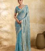 Turquoise embellished zari organza heavy work saree