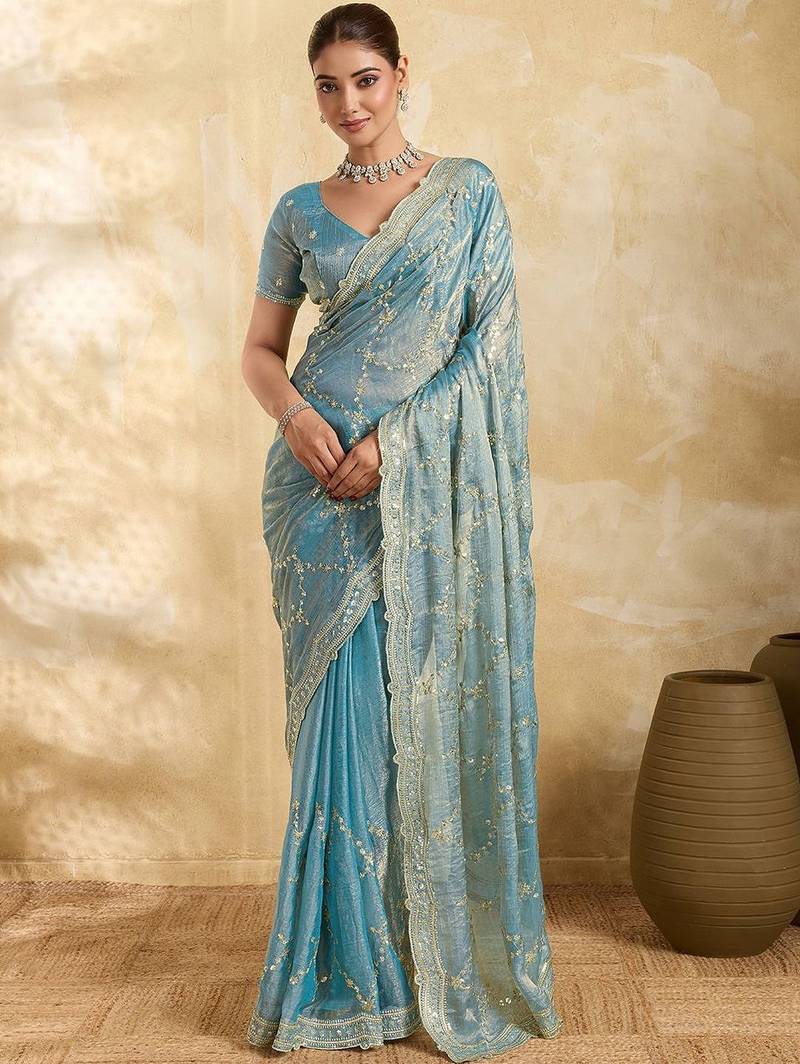 Turquoise embellished zari organza heavy work saree
