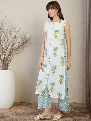 White printed cotton kurta trouser set 3