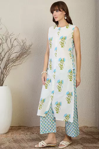 White printed cotton kurta trouser set