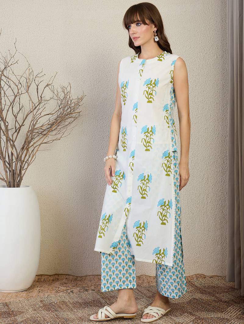 White printed cotton kurta trouser set