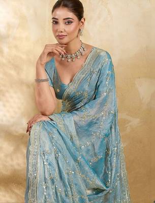 Turquoise embellished zari organza heavy work saree 2