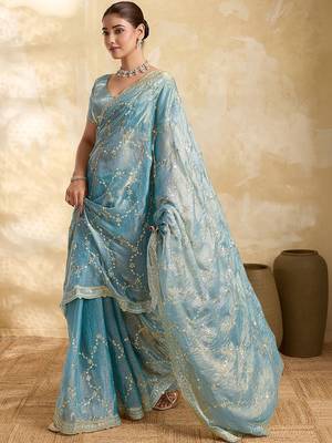 Turquoise embellished zari organza heavy work saree 3