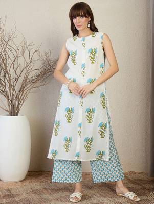 White printed cotton kurta trouser set 4