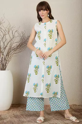 White printed cotton kurta trouser set