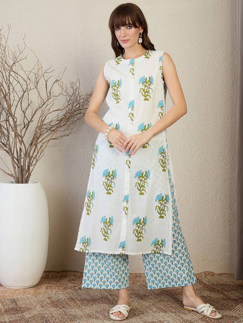 White printed cotton kurta trouser set
