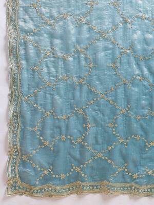 Turquoise embellished zari organza heavy work saree 4