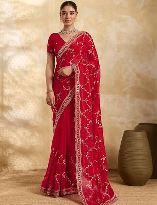 Red embellished organza heavy work saree with blouse piece 1