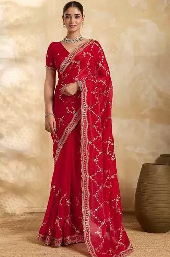 Red embellished organza heavy work saree with blouse piece