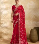 Red embellished organza heavy work saree with blouse piece
