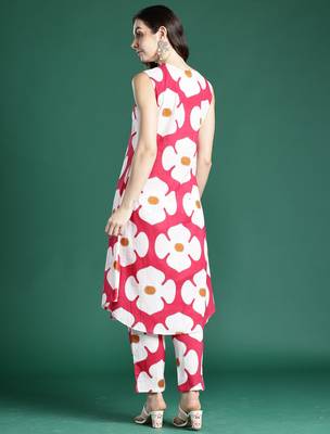 Pink printed cotton kurta trouser set 2