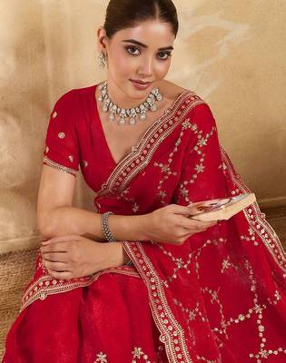 Red embellished organza heavy work saree with blouse piece 2