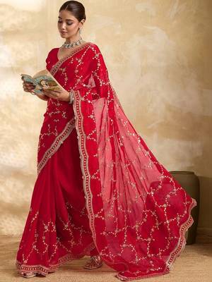Red embellished organza heavy work saree with blouse piece 3
