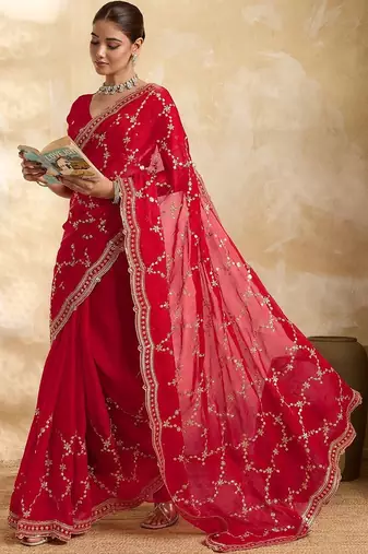 Red embellished organza heavy work saree with blouse piece