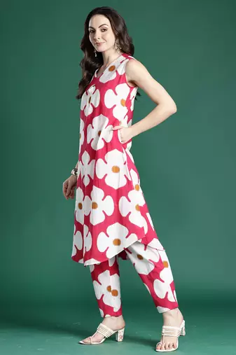 Pink printed cotton kurta trouser set