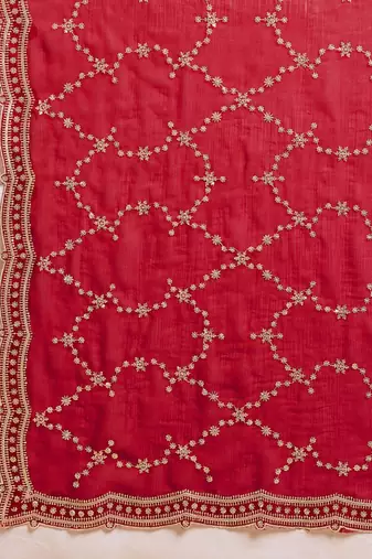 Red embellished organza heavy work saree with blouse piece
