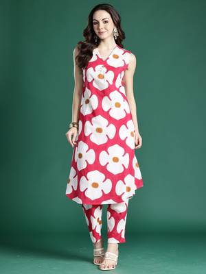 Pink printed cotton kurta trouser set 4