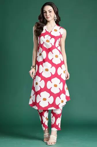 Pink printed cotton kurta trouser set