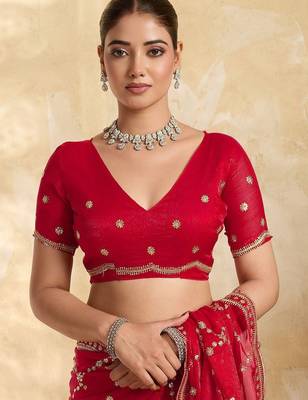 Red embellished organza heavy work saree with blouse piece 5