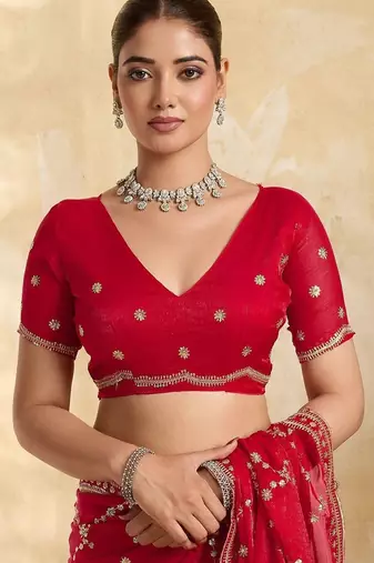 Red embellished organza heavy work saree with blouse piece