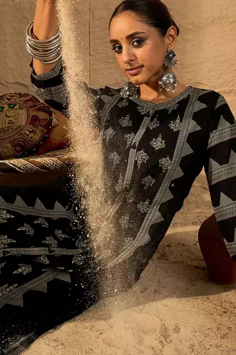 Black printed cotton kurta trouser set