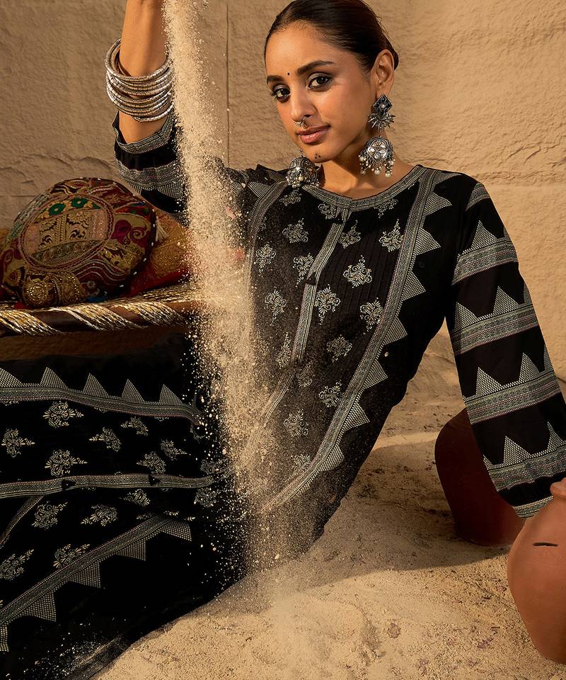 Black printed cotton kurta trouser set