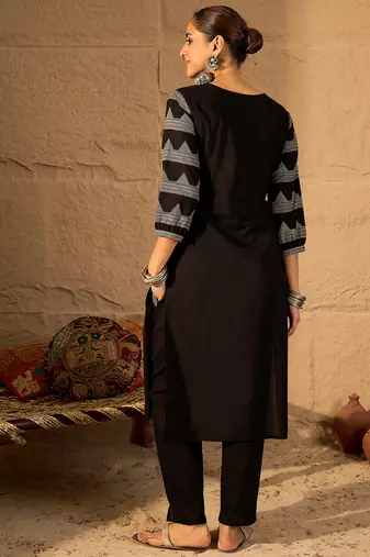 Black printed cotton kurta trouser set