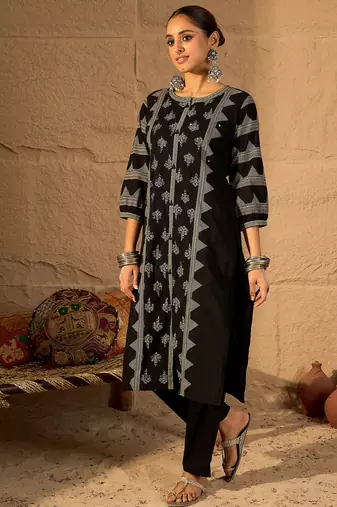 Black printed cotton kurta trouser set