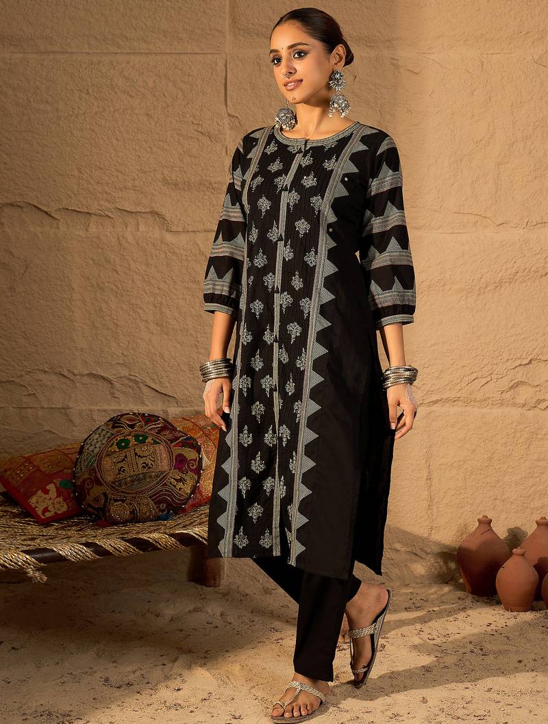 Black printed cotton kurta trouser set