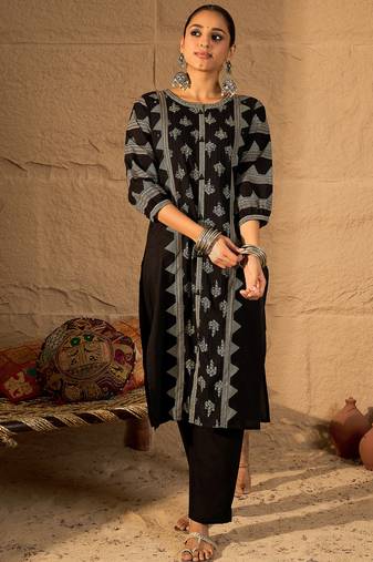 Black printed cotton kurta trouser set
