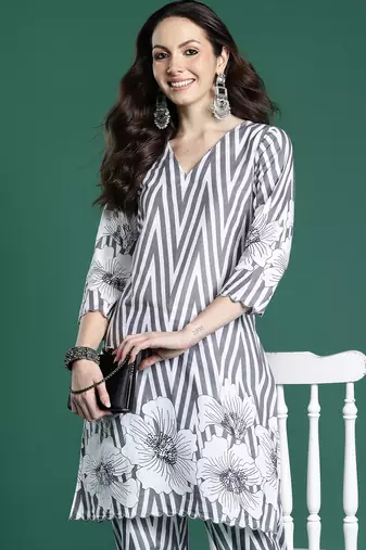 Grey printed cotton kurta trouser set