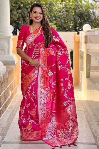 Pink ethnic motifs woven design zari kanjeevaram saree