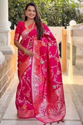 Pink ethnic motifs woven design zari kanjeevaram saree