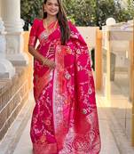 Pink ethnic motifs woven design zari kanjeevaram saree