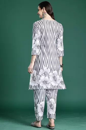 Grey printed cotton kurta trouser set