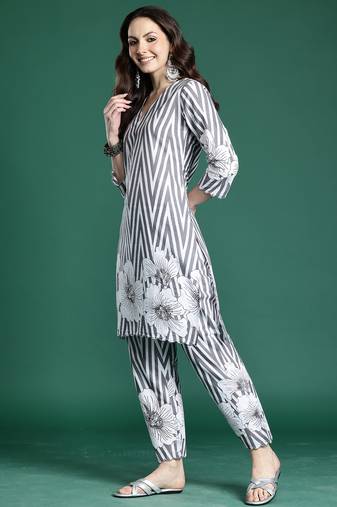Grey printed cotton kurta trouser set