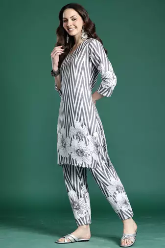 Grey printed cotton kurta trouser set