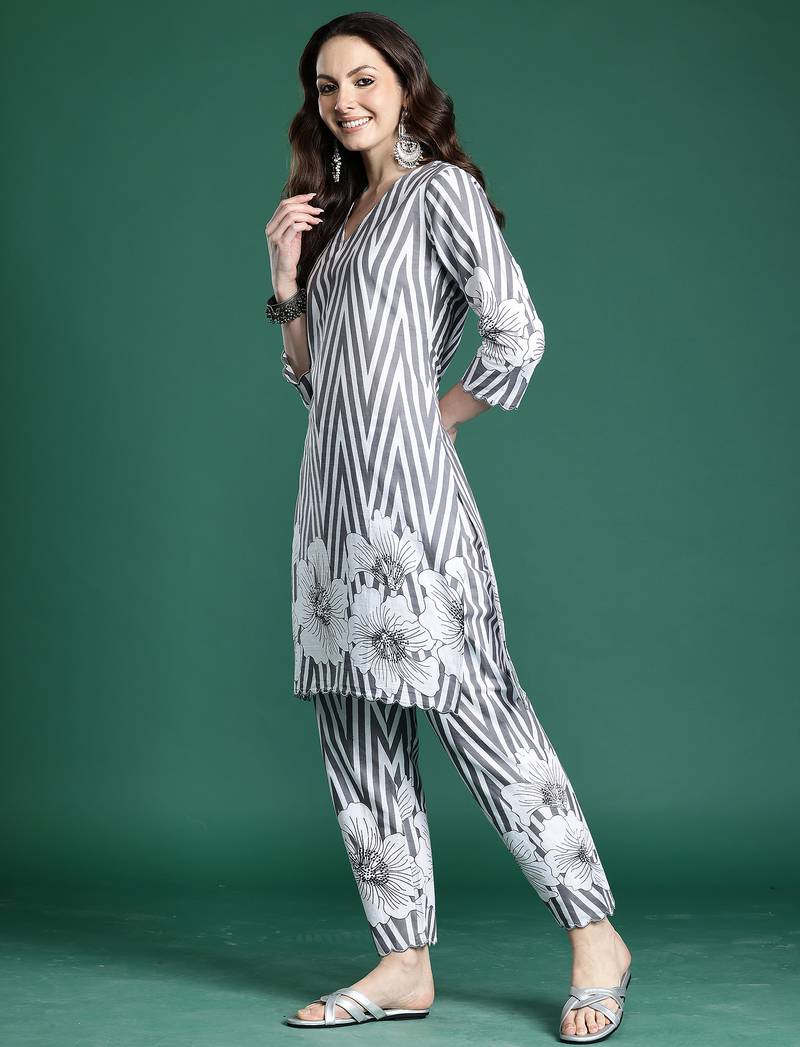 Grey printed cotton kurta trouser set