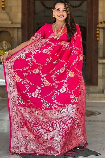Pink ethnic motifs woven design zari kanjeevaram saree
