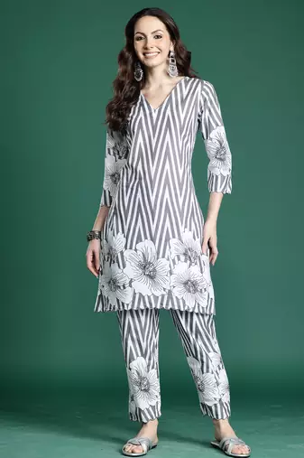 Grey printed cotton kurta trouser set