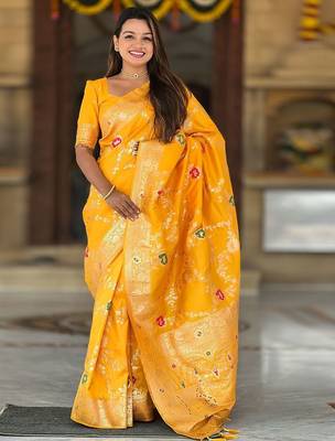 Yellow ethnic motifs printed zari kanjeevaram saree 1