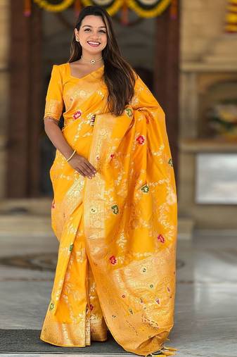 Yellow ethnic motifs printed zari kanjeevaram saree