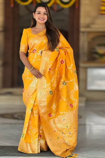 Yellow ethnic motifs printed zari kanjeevaram saree