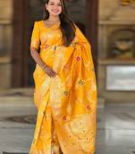 Yellow ethnic motifs printed zari kanjeevaram saree