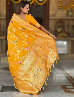 Yellow ethnic motifs printed zari kanjeevaram saree 2