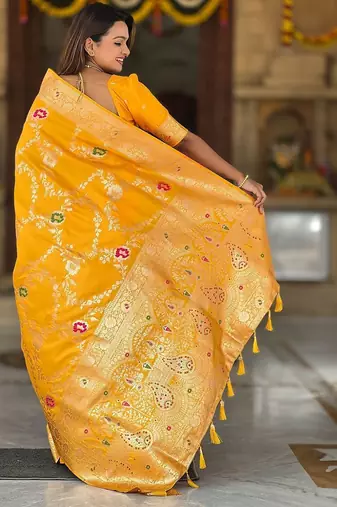 Yellow ethnic motifs printed zari kanjeevaram saree