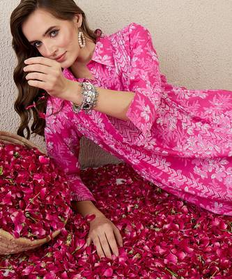 Pink printed cotton kurta trouser set 1
