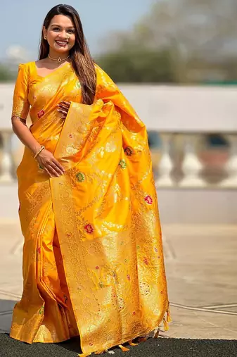 Yellow ethnic motifs printed zari kanjeevaram saree