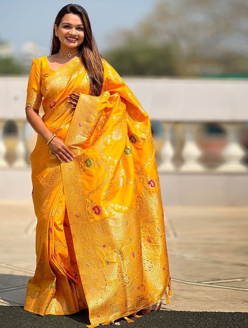 Yellow ethnic motifs printed zari kanjeevaram saree