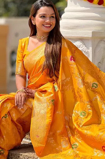 Yellow ethnic motifs printed zari kanjeevaram saree